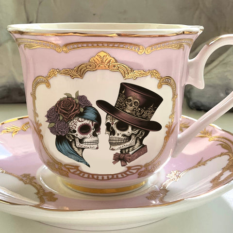 Green For Preorder - Adorable Skull Couple Teacup and Saucer Set, 8 oz