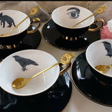 4 Teacup & Saucer Sets, Bat, Cat, Crow and Eye Design, 8 oz, Porcelain