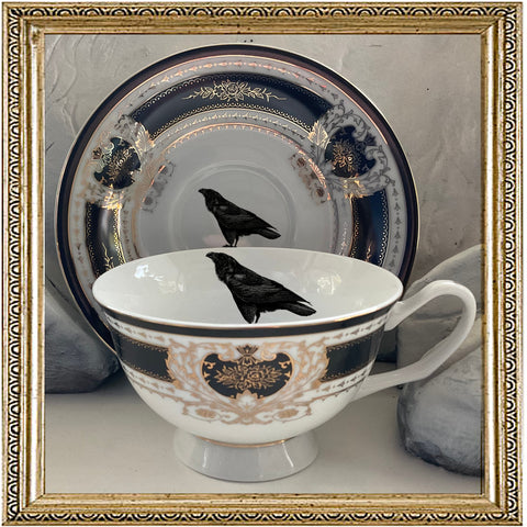 Crow Teacup & Saucer Set, 8 oz, Porcelain