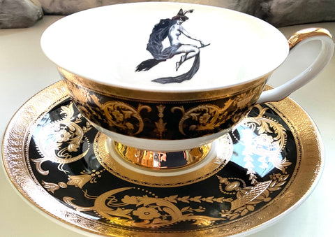 Raised 22k Gold and black Witch Teacup & Saucer, 8 oz, Porcelain