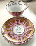 Ornate Pink "Zero Fucks Given" Teacup & Saucer Set, 8 oz, Porcelain