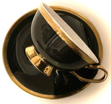 Black and gold floral skeleton key teacup and saucer set with spoon, 8 ounces, porcelain