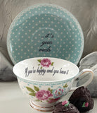 "Be happy" teacup and saucer set with spoon, 8 ounces