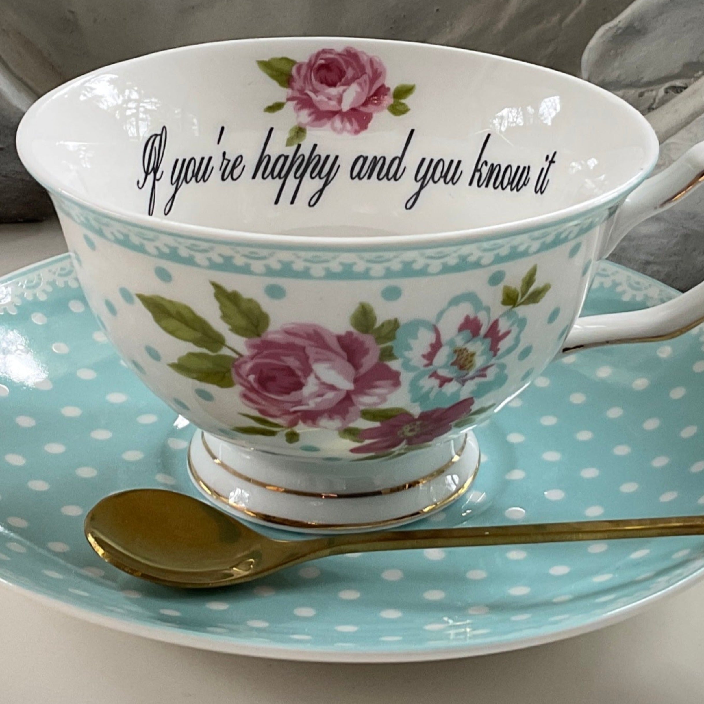 Pink Polka Dot Cup and Saucer Set with Spoon, Single