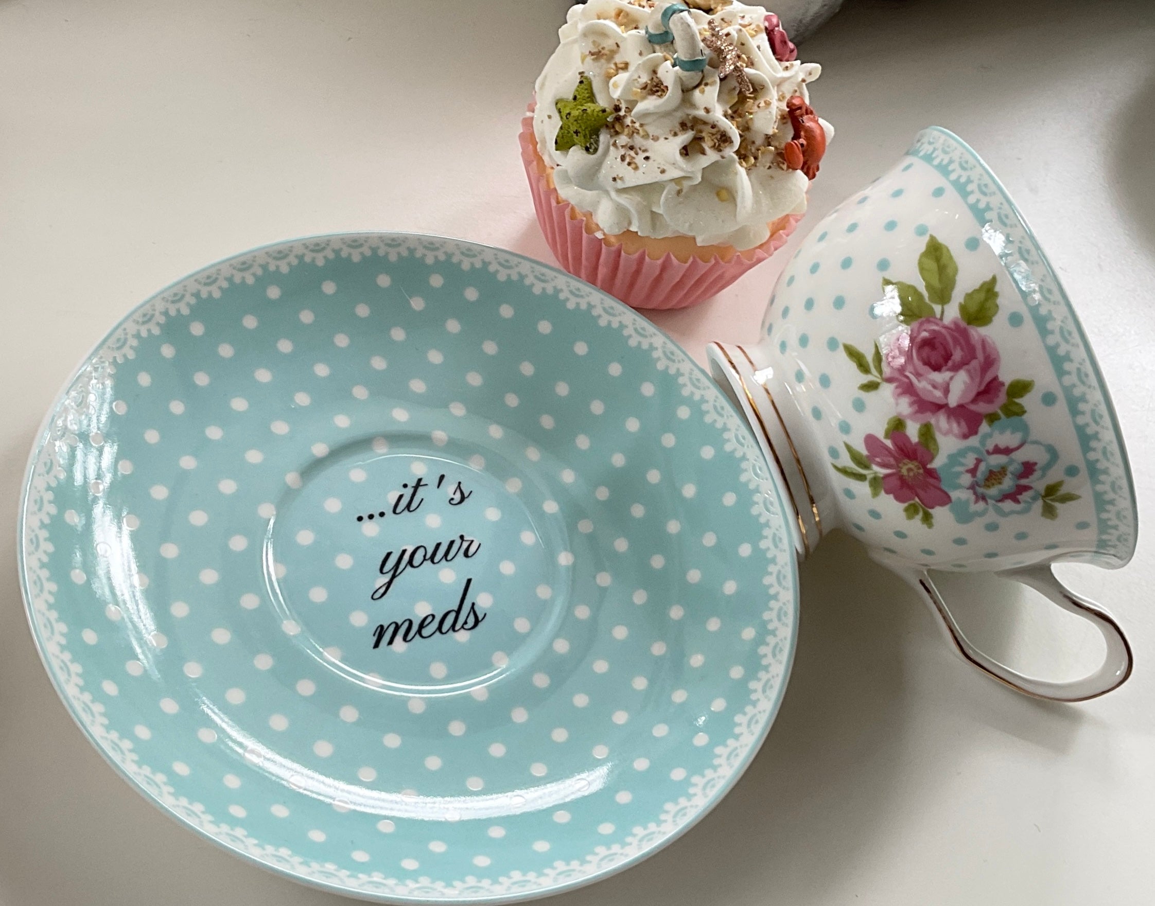 Pink Polka Dot Cup and Saucer Set with Spoon, Single