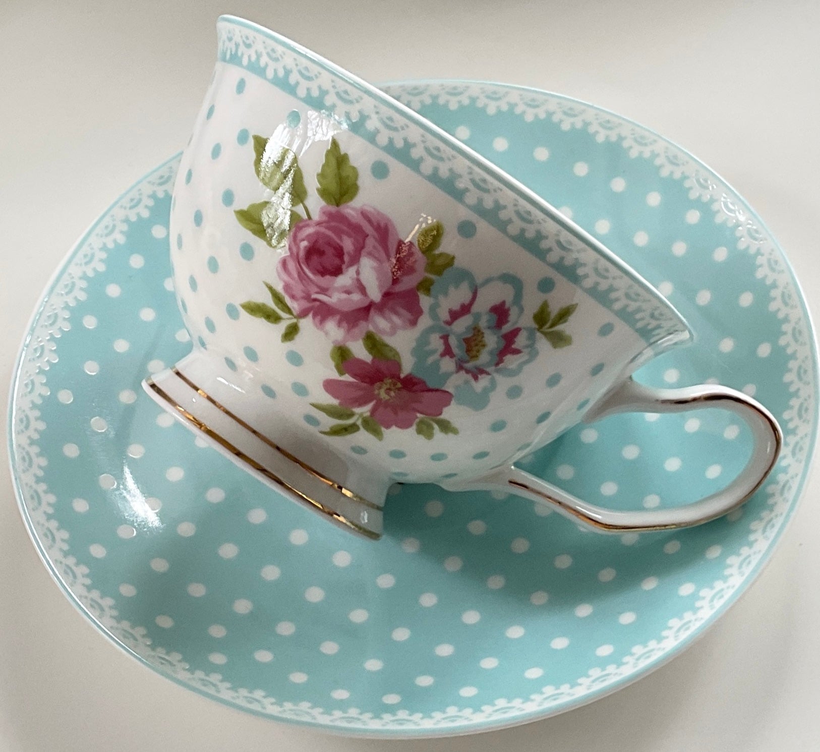 Pink Polka Dot Cup and Saucer Set with Spoon, Single