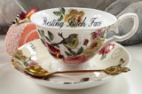"Resting Bitchface" bird teacup and saucer set with spoon, 8 ounces