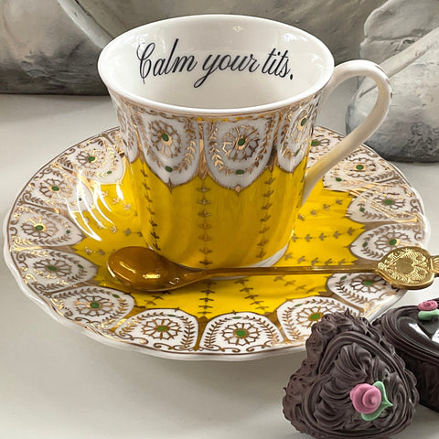 "Calm your tits" Teacup and Saucer Set with spoon, 6 oz, Porcelain