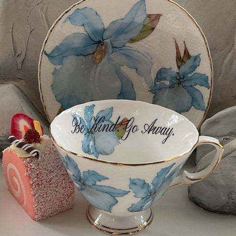 "Be Kind. Go Away” porcelain teacup and saucer set with spoon, 8 ounces