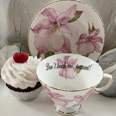 "Don't touch me, peasant!" teacup and saucer set with spoon, 8 ounces