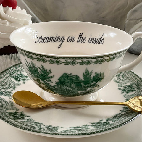 "Screaming on the inside" Teacup & Saucer Set, 8 oz, Porcelain