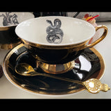 Black and gold snake/serpent teacup and saucer set with spoon, 8 ounces, porcelain