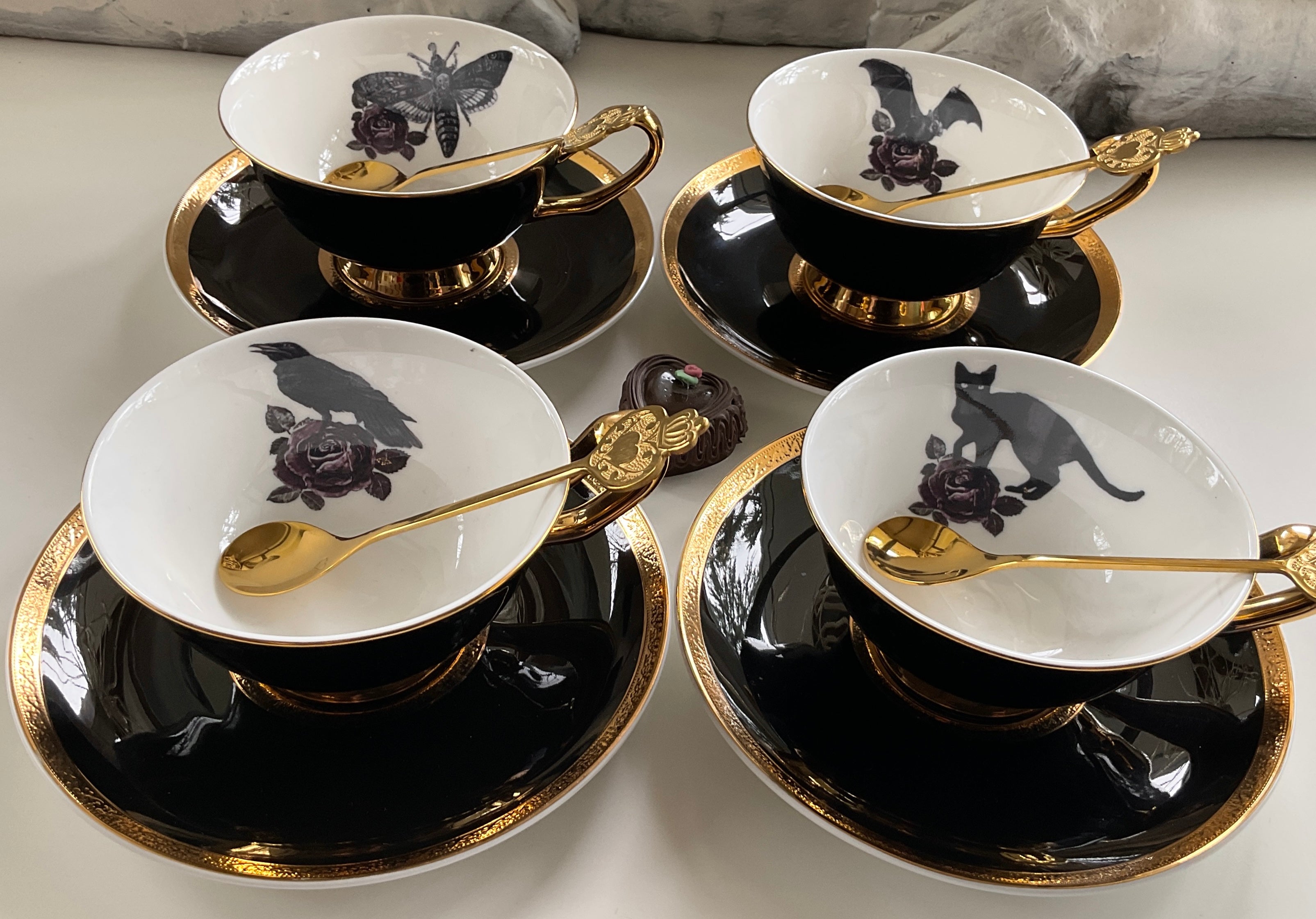 Black & Gold Halloween Tea Set with spoons, Bat/Cat/Crow/Moth design –  Angioletti Designs