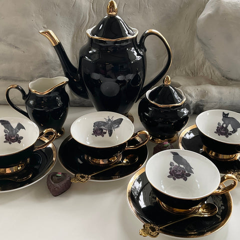 Black & Gold Halloween Tea Set with spoons, Bat/Cat/Crow/Moth on purple rose design