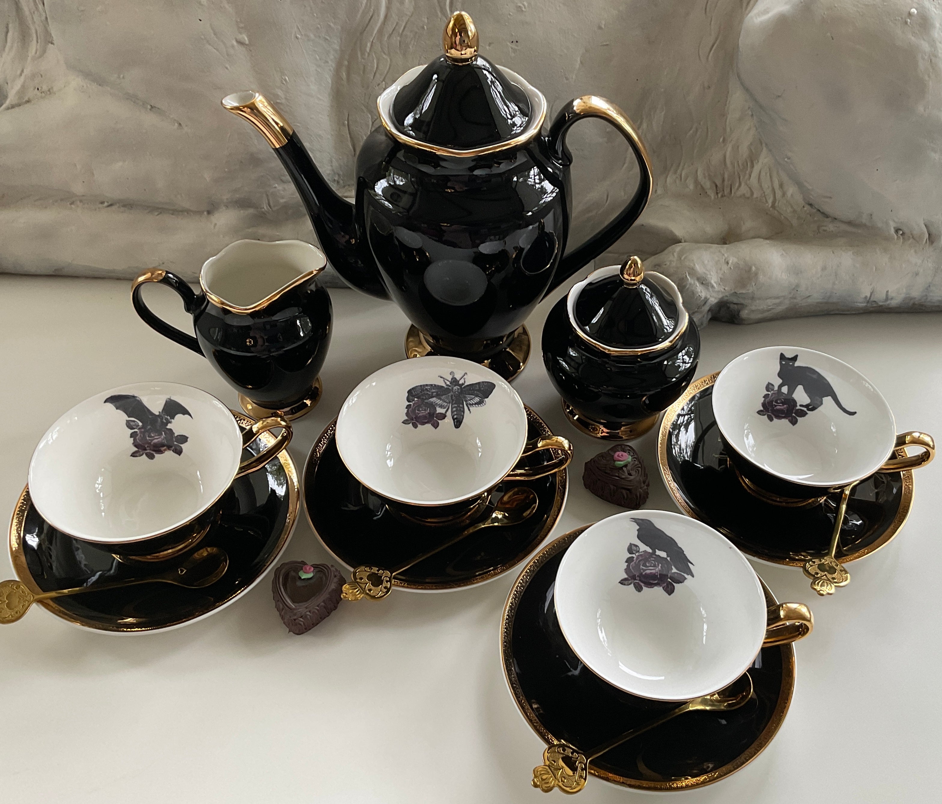 Black & Gold Halloween Tea Set with spoons, Bat/Cat/Crow/Moth