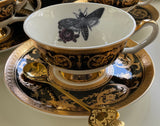Raised Gold/Black Bat, Moth, cat or Raven Plate or Teacup & Saucer Set, Porcelain