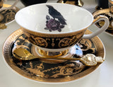 Raised Gold/Black Bat, Moth, cat or Raven Plate or Teacup & Saucer Set, Porcelain
