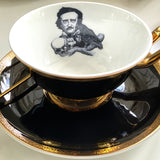 22k Gold Edgar Allan Poe Teacup and Saucer Set with Spoon, Porcelain. Holds 8 ounces.