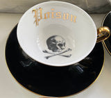 22k Gold "Arsenic" Teacup and Saucer Set with Spoon, Porcelain. Holds 8 ounces.