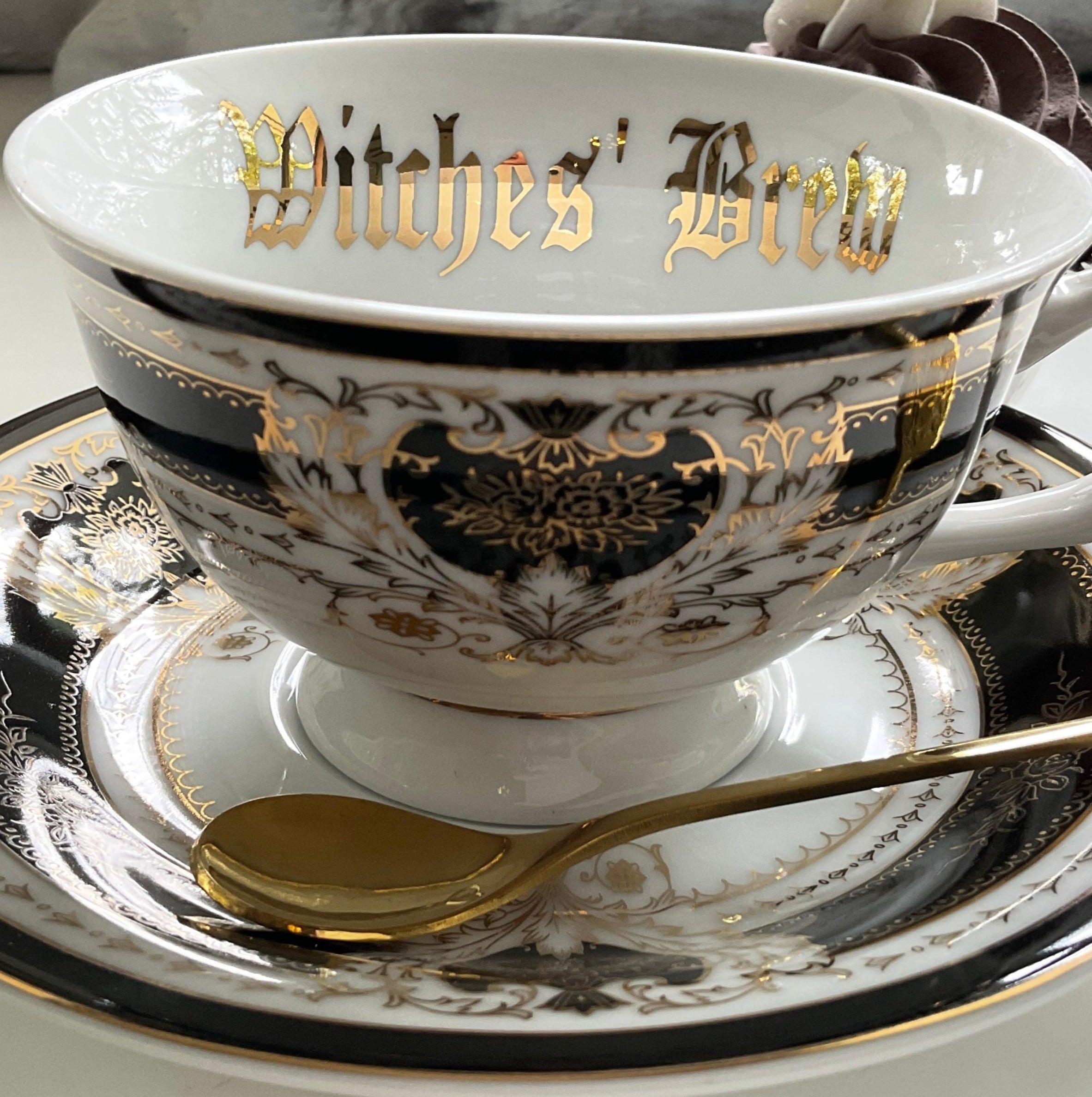 Black & Gold Halloween Tea Set with spoons, Bat/Cat/Crow/Moth design –  Angioletti Designs