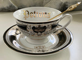 Halloween "Potions"/"Witches' Brew"/"Poison" or "Spells" Cup and Saucer set with gold spoon, Porcelain.