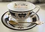 Halloween "Potions"/"Witches' Brew"/"Poison" or "Spells" Cup and Saucer set with gold spoon, Porcelain.