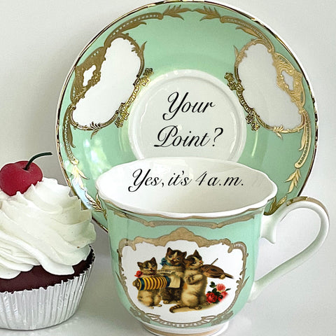 Green For Preorder - Funny Cat Teacup, 8 Ounces. Vegan Bone China.