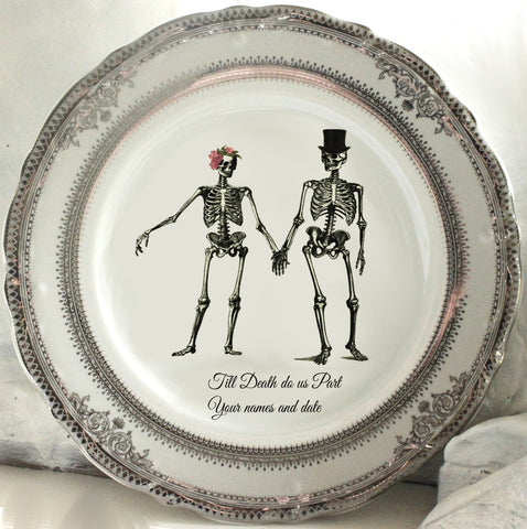 CLOSEOUT - 7.5” Silver Skeleton Wedding Couple Salad Plate, Porcelain, Food Safe, Durable