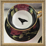 Black Rose Crow Teacup & Saucer, 8 oz, Porcelain
