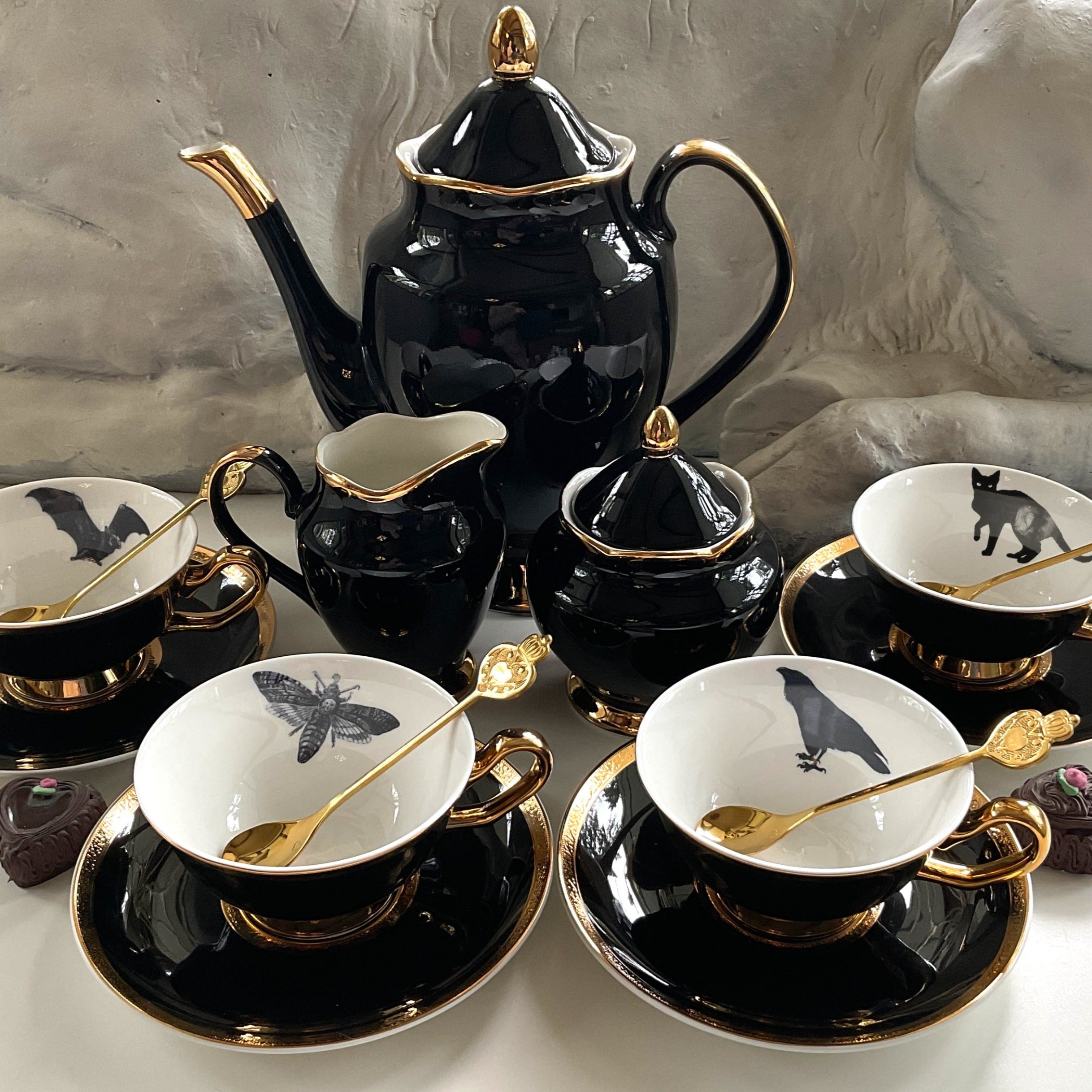 Black & Gold Halloween Tea Set with spoons, Bat/Cat/Crow/Moth