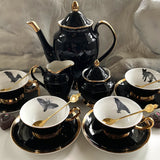 Black & Gold Halloween Tea Set with spoons, Bat/Cat/Crow/Moth design