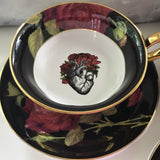 Black Rose Anatomical Heart Teacup & Saucer, 8 oz, Porcelain