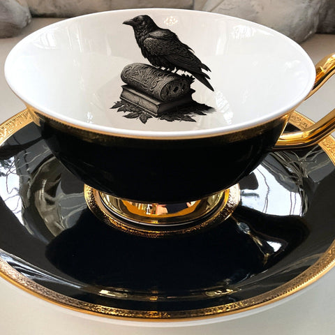 Black and Gold Porcelain Raven Teacup and Saucer Set (8 oz), Porcelain.