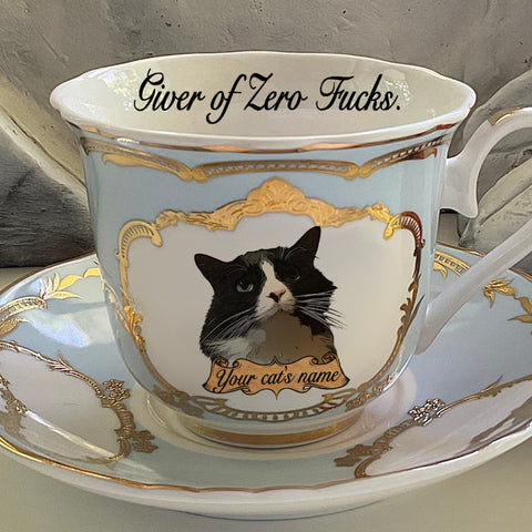 Green For Preorder - Funny Cat Teacup, 8 Ounces. Vegan Bone China