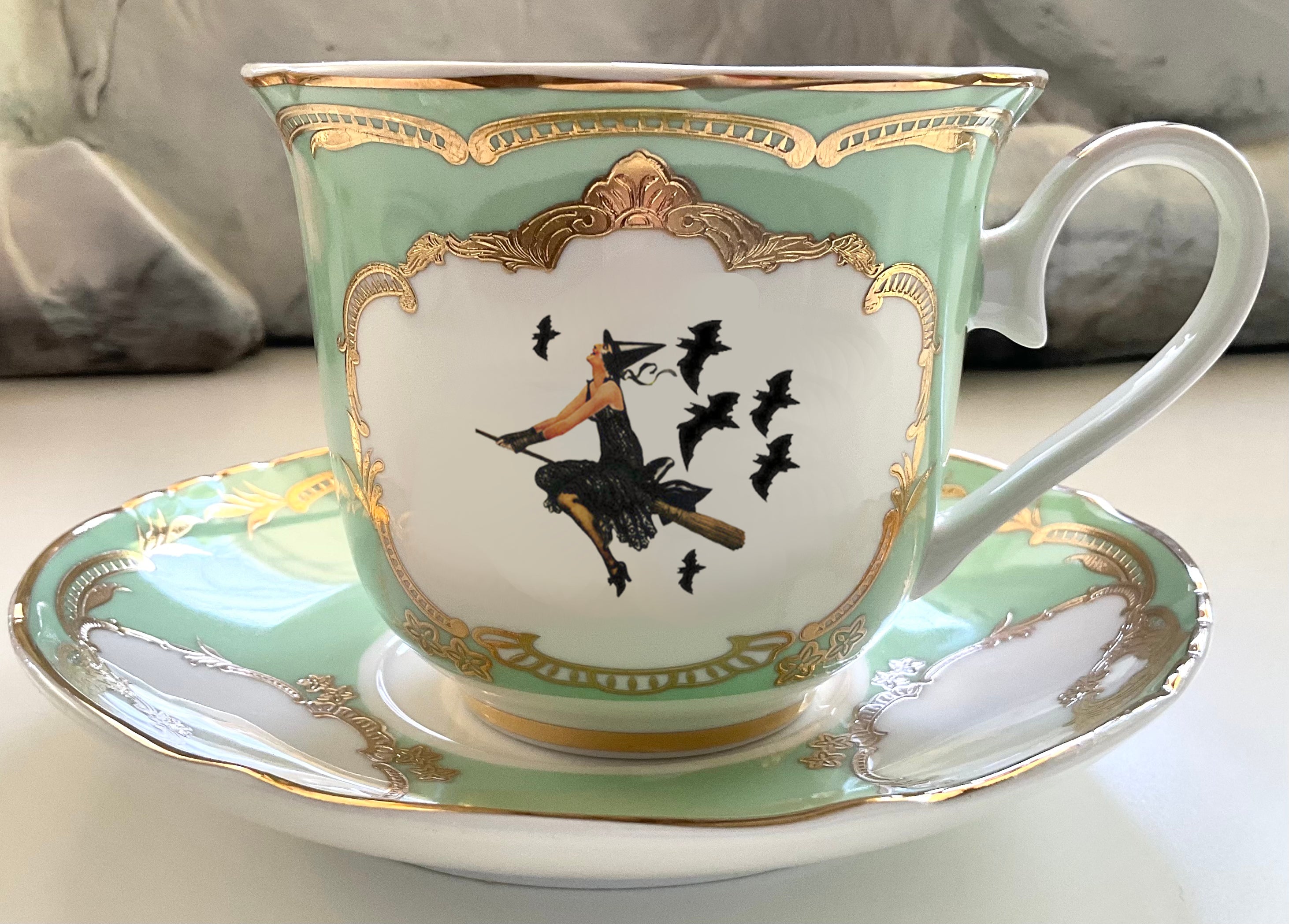 Black & Gold Halloween Tea Set with spoons, Bat/Cat/Crow/Moth design –  Angioletti Designs