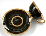 Black and Gold Porcelain Cat Teacup and Saucer Set (8 oz), Porcelain. Food Safe and Durable