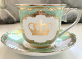 Four snarky Teacup & Saucer Sets with spoons, 8 oz, 22k gold crown design