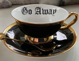 Black and gold occult teacup and saucer set with spoon, 8 ounces, porcelain