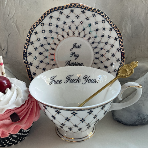 "Free Fuck Yous" Teacup & Saucer Set, 8 oz, Porcelain