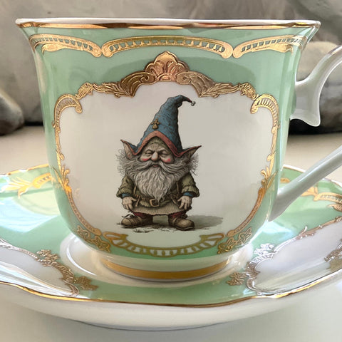Green And Blue on Preorder - Gnome Teacup and Saucer Set, 8 oz