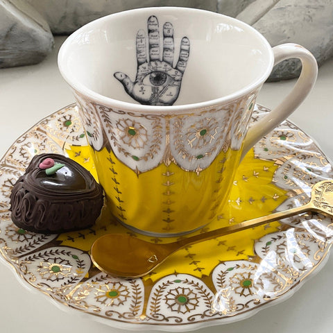 Gold and yellow palmistry teacup, 6 ounces