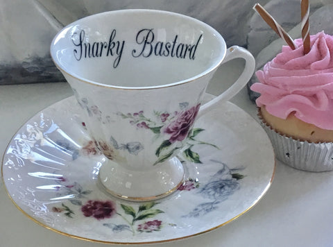 "Snarky Bastard" Teacup & Saucer Set, 7 oz, Porcelain