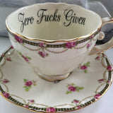 Floral "Zero Fucks Given" Teacup & Saucer Set, 8 oz, Porcelain