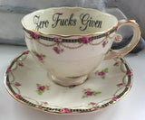 Floral "Zero Fucks Given" Teacup & Saucer Set, 8 oz, Porcelain