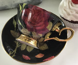 Black Rose Bat Teacup & Saucer, 8 oz, Porcelain