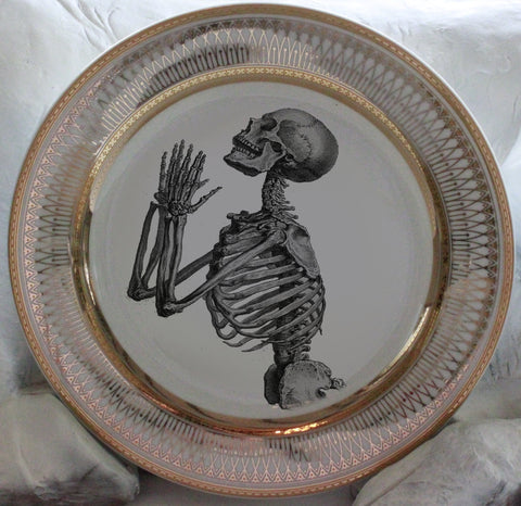 Praying Skeleton Plate or Teacup & Saucer Set, 8 oz, Porcelain