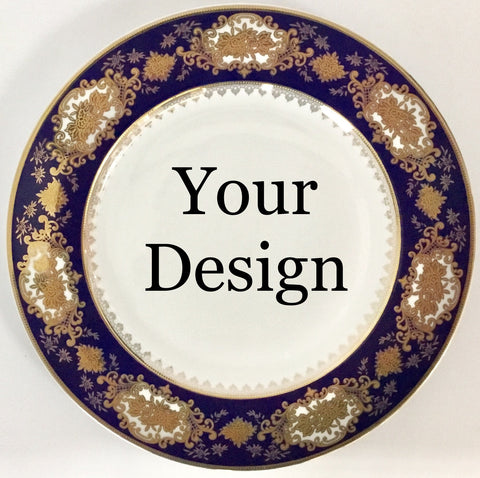 Customizable Dark Blue and Gold Plate or Cup and Saucer Set, Porcelain