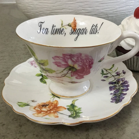 "Tea Time, Sugar tits!" Teacup & Saucer Set, 8 oz, Porcelain