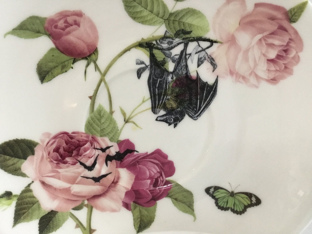 Rose Floral Hanging Bat Teacup & Saucer Set, 8 oz, Porcelain