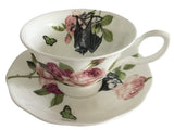 Rose Floral Hanging Bat Teacup & Saucer Set, 8 oz, Porcelain